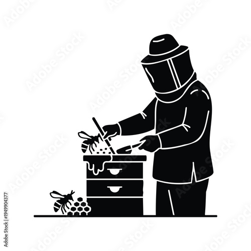 Beekeeper in protective suit harvesting honey from beehive with bees silhouette