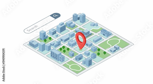 3D isometric city map with location marker.