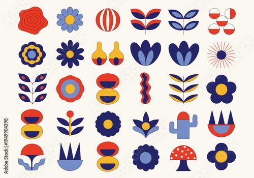 Thirty abstract geometric floral and organic icons using a primary color palette of blue red and yellow are arranged in a neat grid on a cream background.