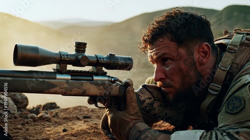 Battle hardened sniper aiming rifle across rocky terrain with intense focus during tense military engagement with cinematic realism during frontline warfare during active combat