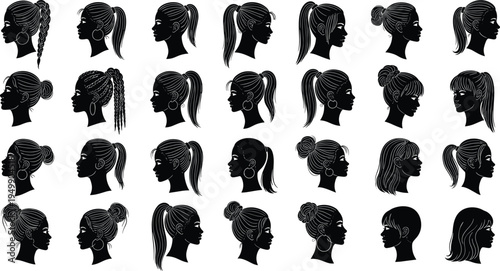 Women ponytail and bun hairstyle silhouettes collection, female head profiles with modern hair styles, beauty salon fashion illustration set