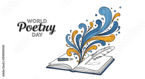 Vector illustration of an open book with colorful swirling designs emerging from the pages, celebrating World Poetry Day with a literary arts concept on a white background.
