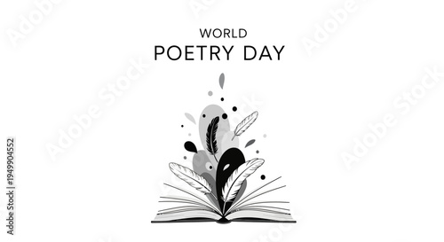Black and white illustration of an open book with artistic lines emerging from it, celebrating World Poetry Day with a literary arts concept on a clean background.