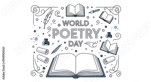 Vector illustration of an open book surrounded by writing instruments and decorative swirls on World Poetry Day with a literary arts concept.