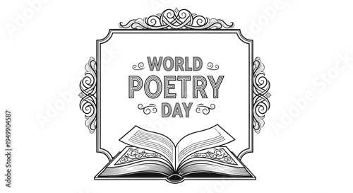 Vector illustration of an open book with a decorative frame and the words 'World Poetry Day' in a literary arts concept, conveying a poetry celebration with a simple design.