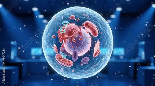 Detailed three dimensional animation footage illustrating complex eukaryotic cell structure and internal organelle functions in motion