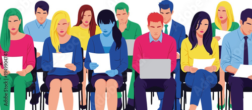 Abstract colorful diverse people sitting together in waiting room