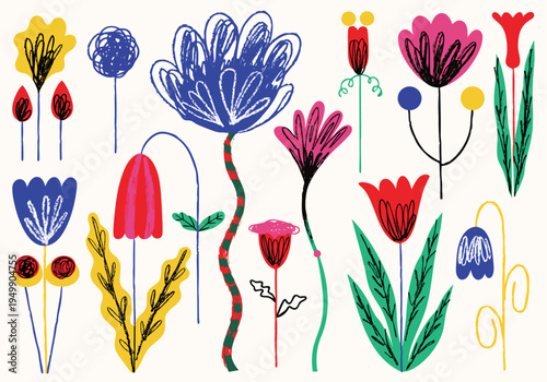 Various colorful flowers with scribbled petals and thin stems are scattered across a neutral background in a loose and expressive crayon sketch artistic style.
