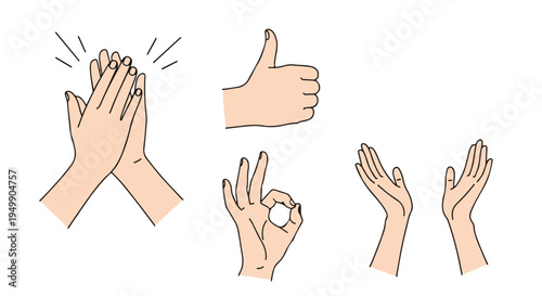 Hand drawn cartoon style set of various hand gestures showing applause, approval, and success isolated PNG with Transparent Background