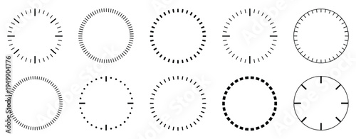 Circle dashed shape collection, round border geometric stroke, dotted frame set, black dashed circle sign pattern background