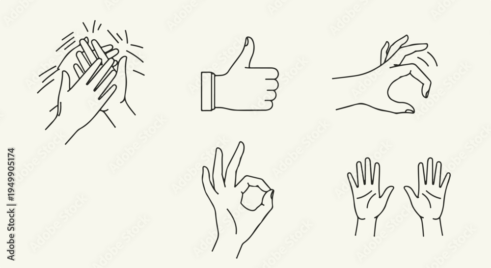 Fototapeta premium Set of Hand Gesture Vector Icons with Clapping, Thumbs Up, Pinch, OK, and Open Palms isolated PNG with Transparent Background