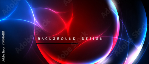 Abstract design features vibrant blue, red, purple glows. Circular shapes intersect, creating dynamic visual effect. Dark background enhances luminosity.