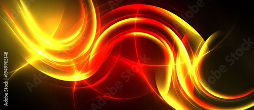 Bright abstract lines, vibrant red, gold hues. Dynamic curves create energy, flowing shapes against dark background. Light radiates, visually striking.
