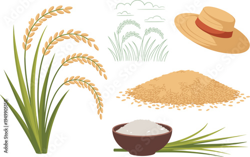 Rice plant grain harvest elements set with straw hat rice bowl and paddy field agriculture vector illustration