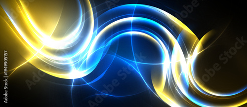 Abstract design features flowing blue, yellow light curves. Bright energy radiates from dark background. Dynamic composition creates visual interest.