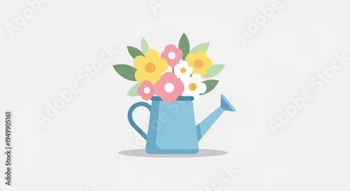 Colorful flowers in a blue watering can on a white background symbolizing gardening and spring