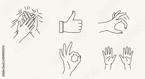 Set of Hand Gesture Vector Icons with Clapping, Thumbs Up, Pinch, OK, and Open Palms isolated PNG with Transparent Background