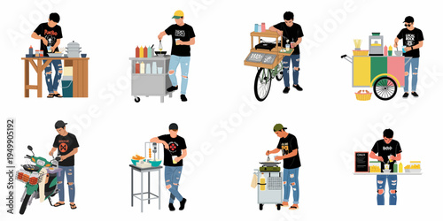 Set of character illustrations depicting young male street food vendors operating various mobile carts, stalls, and motorbikes in casual trendy clothing.