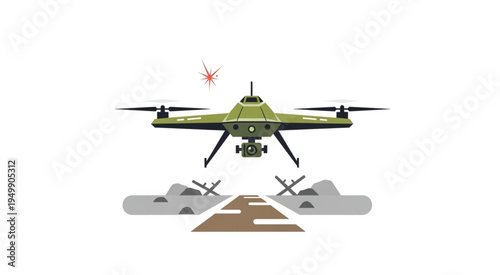 Military Drone Hovering Over Runway with Tanks and Fighter Jets.