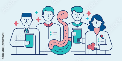 Four doctors in white lab coats standing together while examining a large anatomical illustration of a human stomach and digestive system in a laboratory setting.