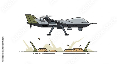 Military Drone Flying Over a Battlefield Illustration.