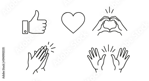 Set of Social Media Engagement Icons. Outline Hands, Heart, Thumbs Up, and Clapping Symbols. isolated PNG with Transparent Background