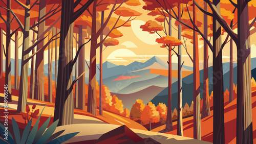Autumn Beech Forest in Moncayo Spain Flat Vector Landscape