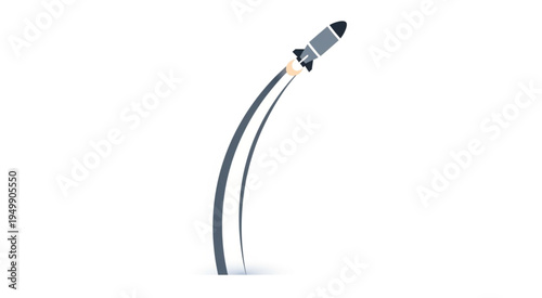 Rocket Launching with Smoke Trail on White Background.