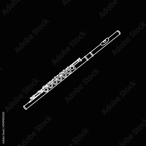 Linear drawing of flute in white line on black background, concept of classical music and woodwind instrument  