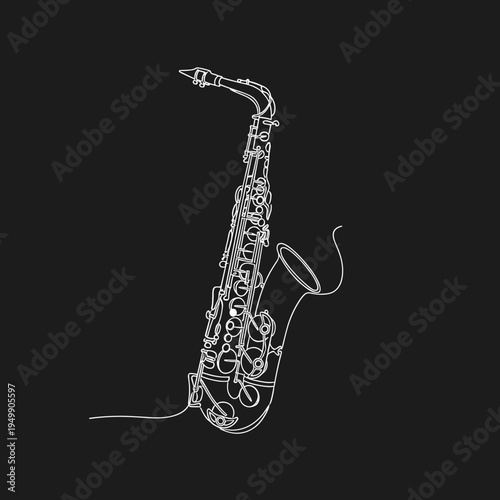 Linear drawing of saxophone in white line on black background, concept of jazz music and wind instrument  