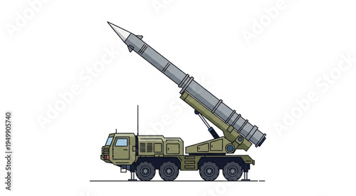 Mobile missile launcher on a military truck, ready to fire.