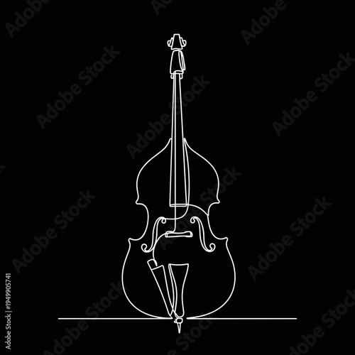 Linear drawing of double bass in white line on black background, concept of jazz music and string instrument  
