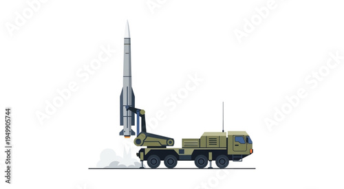 Mobile missile launcher system preparing for launch on a white background.