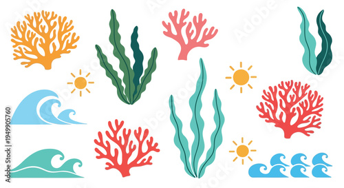 Set of 10 colorful ocean icons vector, sea coral, waves, sun