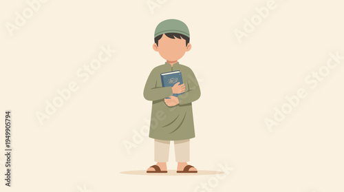 Minimalist flat vector illustration of a faceless Muslim boy wearing a green cap and traditional outfit