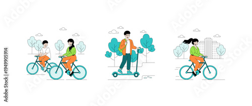 Illustrative Scene of Urban Cycling and Scooter Riding