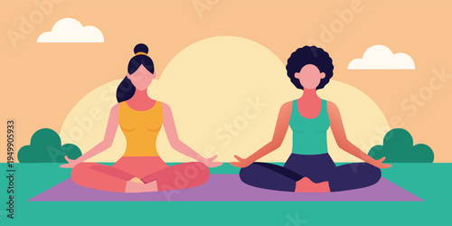 Two women practicing yoga in lotus position on a purple mat in a park setting with a large sun.