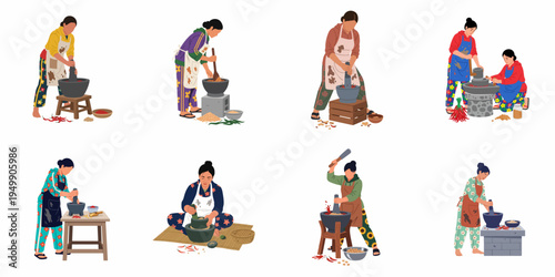 Illustrations of women using traditional stone mortars and pestles to grind spices and prepare food, depicted in a flat design style.
