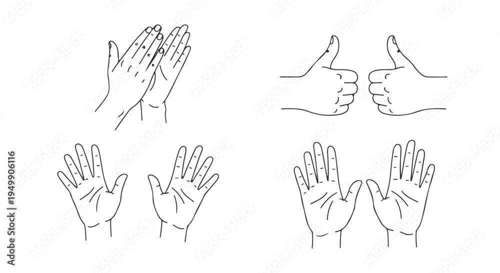 Fototapeta premium Line art hand gestures set. Clapping, thumbs up, and open palms. Isolated vector illustration. isolated PNG with Transparent Background