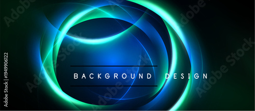 Abstract neon circles overlap dark background. Vibrant blue, green hues create dynamic visual effect. Modern design element.