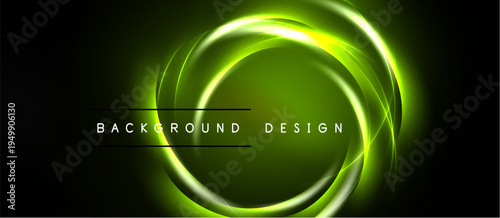 Abstract neon swirls, vibrant green hues, dark background. Circular motion creates dynamic visual effect. Text reads background design.
