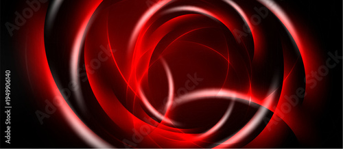 Abstract red swirls dominate black background. Dynamic lines create circular motion, glowing effect present. Minimalist design, modern aesthetic.
