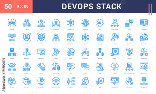 DevOps Stack Icon Set. devops, pipeline, ci/cd, infrastructure, microservices and more. Blue Style vector icons collection.