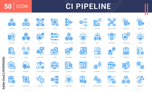 CI Pipeline Icon Set. ci process, build pipeline, version control, commit, code merge and more. Blue Style vector icons collection.