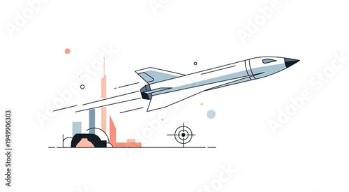 Illustration of a rocket launching from a cityscape target.