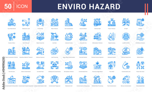 Enviro Hazard Icon Set. toxic waste barrel, radioactive leak, air pollution, water pollution, soil contamination and more. Blue Style vector icons collection.
