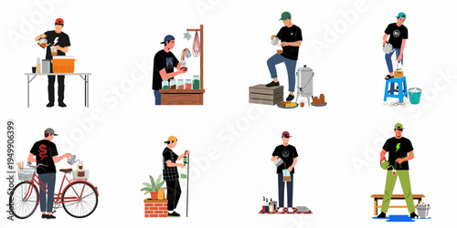 Set of vector illustrations depicting young men preparing and selling traditional beverages, like street tea and coffee, in various outdoor market and street settings.