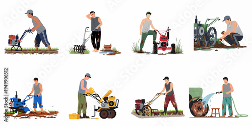 Set of vector illustrations showing farmers operating, refueling, maintaining, and cleaning two-wheel walking tractors in muddy agricultural paddy fields.