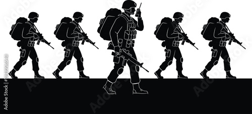 Soldiers on patrol, tactical formation, military gear, radio communication, combat readiness, armed unit, cad drawing flat vector illustration