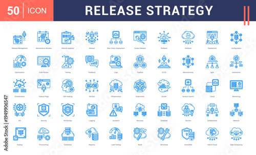 Release Strategy Icon Set. release management, maintenance window, manual approval, release, blue-green deployment and more. Blue Style vector icons collection.